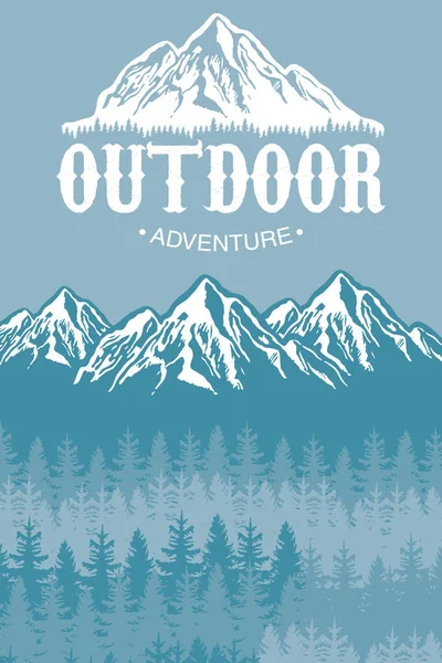 Emblema de letras de aventura al aire libre con montañas en el paisaje de invierno — Archivo Imágenes Vectoriales