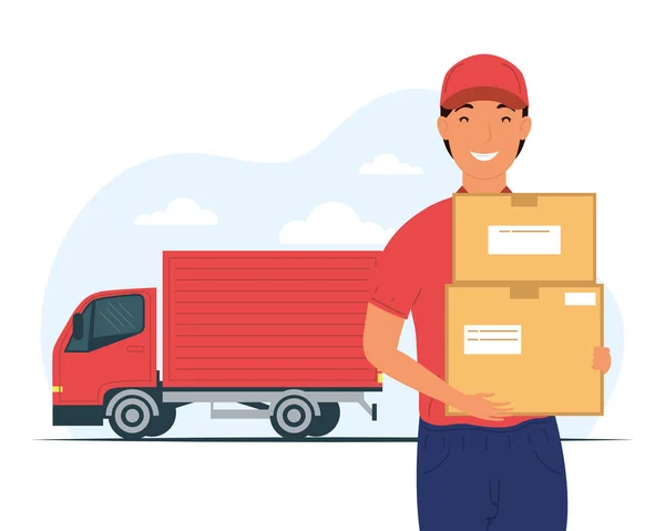 Truck and delivery service worker lifting boxes carton — Stock Vector