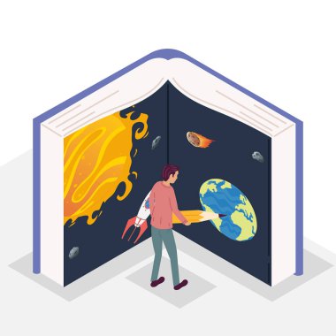 Elinde kalem ve evren kitabı olan bir adam, kitap günü kutlaması.
