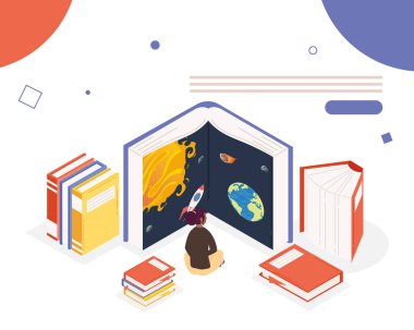 Evrenin kitaplarını okuyan kadın kütüphanesi, kitap günü kutlaması.