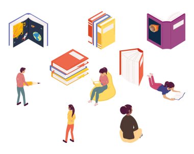 Bir grup okuyucu kitap okuyor, kitap günü kutluyor.