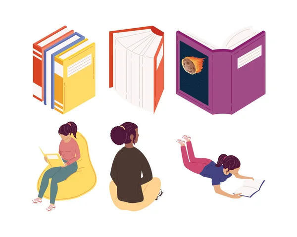 Διαφυλετικές κοπέλες που διαβάζουν βιβλία, εορτασμός της ημέρας του βιβλίου — Διανυσματικό Αρχείο
