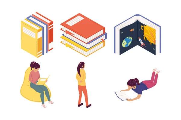 Meninas lendo livros, celebração do dia do livro —  Vetores de Stock