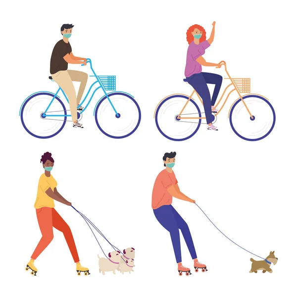 Jóvenes con máscaras médicas con perros en bicicletas y patines — Vector de stock