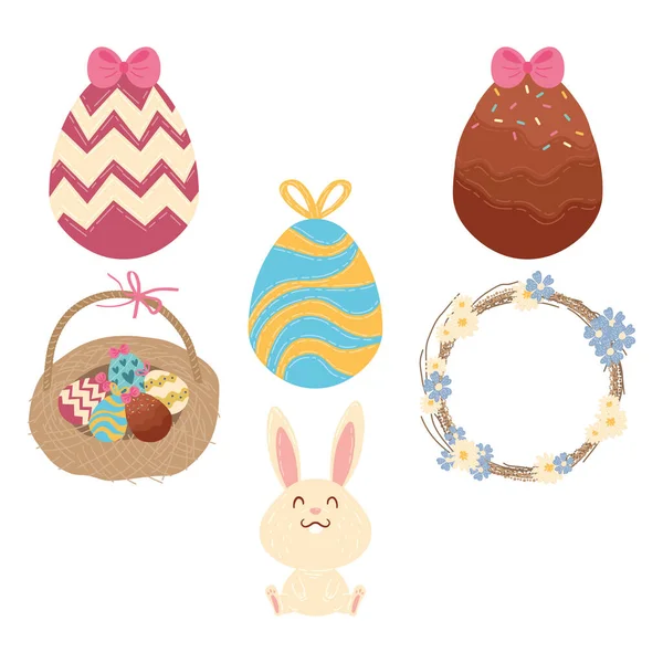Счастливая пасхальная праздничная открытка с яйцами окрашены в корзину и милый кролик — стоковый вектор