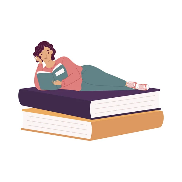 Mujer leyendo libro en libros, celebración del día del libro — Vector de stock