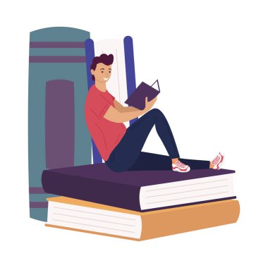 Kitaplara oturmuş kitap okuyan adam, kitap günü kutlaması.