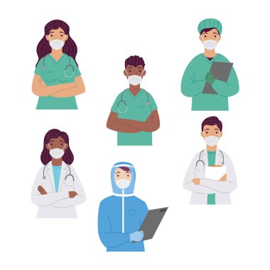 Bir grup ırklar arası doktor tıbbi maske takıyor.