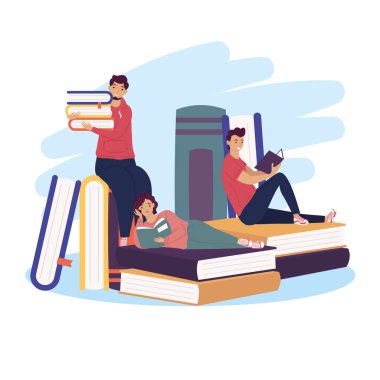 Kitaplı üç okuyucu grubu, kitap günü kutlaması.