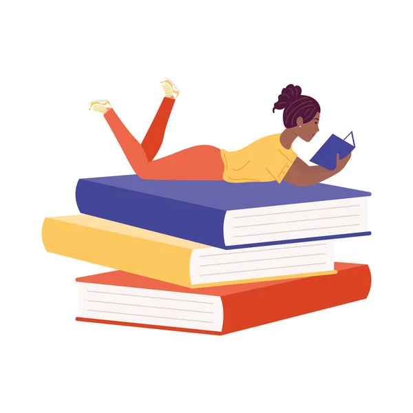 Afro nő olvasás könyv könyvekben, könyv nap ünneplés — Stock Vector