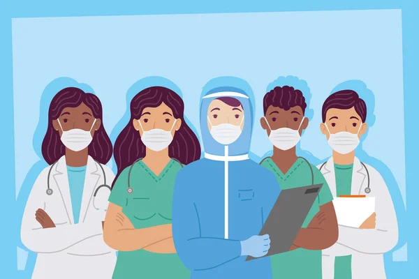 Gruppe von interrassischen Ärzten mit medizinischen Masken — Stockvektor