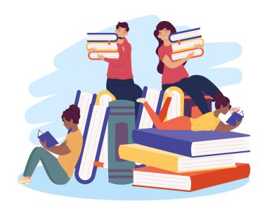 Kitaplı dört ırklar arası okuyucu, kitap günü kutlaması.