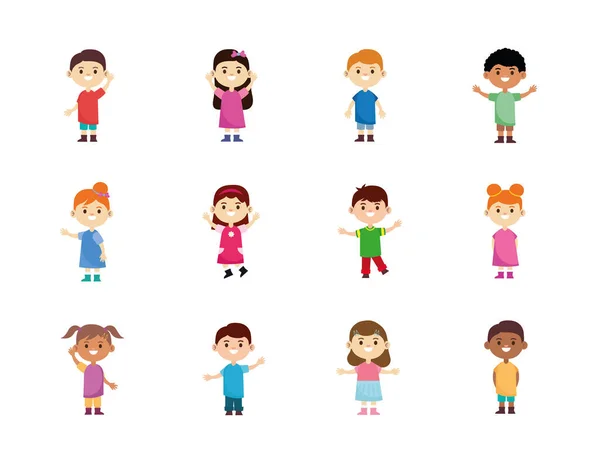 Grupo de doze feliz interracial crianças pequenas personagens — Vetor de Stock