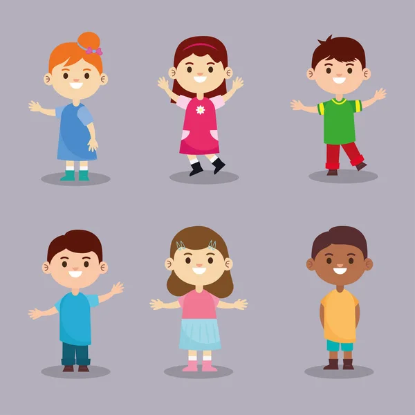 Ομάδα έξι χαρούμενα διαφυλετικά μικρά παιδιά χαρακτήρες — Διανυσματικό Αρχείο