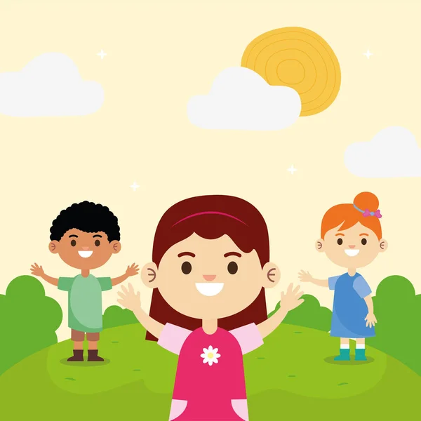 Group of three happy interracial little children in the camp — Stock Vector