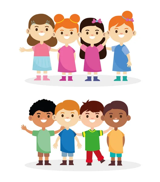 由8个跨种族快乐的小孩组成的小组 — 图库矢量图片