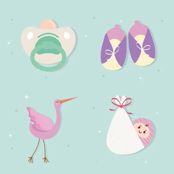Paquet de quatre icônes ensemble de célébration de douche de bébé — Image vectorielle