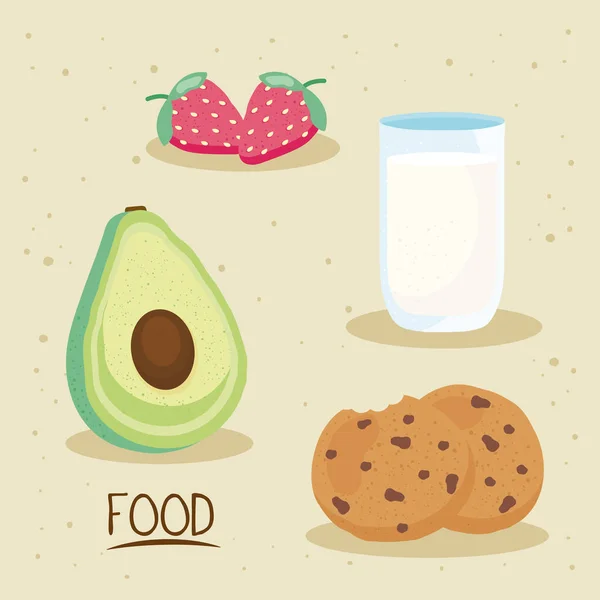 Aliments frais et délicieux et icônes du lait — Image vectorielle