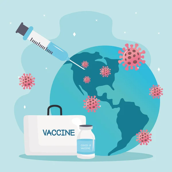 Kit de vaccins contre le virus covid19 avec seringue et particules sur la planète Terre — Image vectorielle