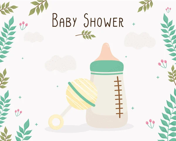Kartka z napisem baby shower z butelką mleka i dzwonkiem — Wektor stockowy