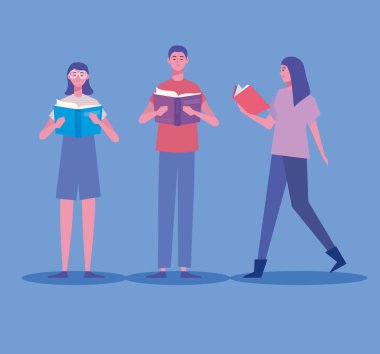 bir grup okuyucu ayakta kitap okuyor.