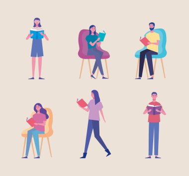 bir grup okuyucu ayakta ve oturarak kitap okuyor.