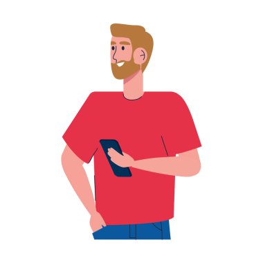 Akıllı telefon kullanan sakallı adam ayakta duruyor.