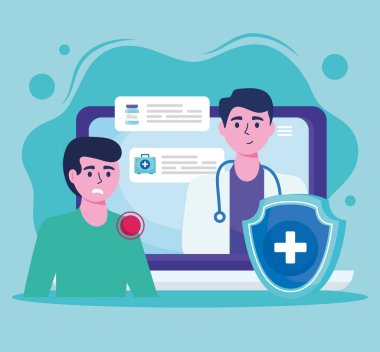 Doktor hasta ve kalkanla dizüstü bilgisayarda