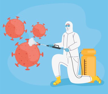 Biyolojik tehlike giysisi dezenfekte eden ve 19 parçacık kaplayan işçi.