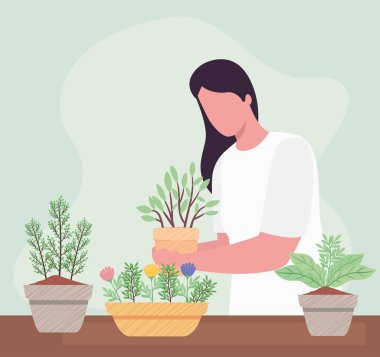Ev bitkileri yetiştiren kadın bahçe işleri karakteri