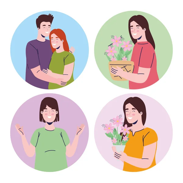 Grupo de meninas com flores de primavera e personagens de casal —  Vetores de Stock