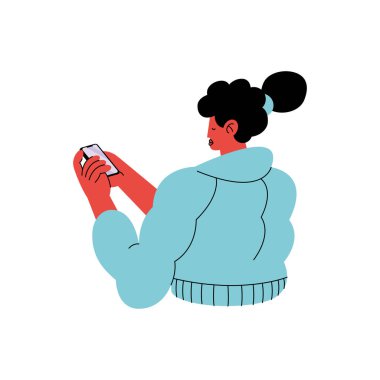 Akıllı telefon karakteriyle sohbet eden genç bir kadın.