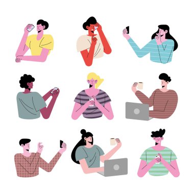 Teknoloji kullanan dokuz genç insan karakter avatarları