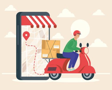 Motorsikletli bir teslimatçı ile akıllı telefon