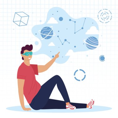 Sanal gerçeklik maskesi ve evren simgeleri kullanarak oturan adam.