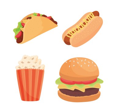 Dört fast food ürün simgesi demeti