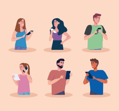 Genç altı kişi akıllı telefon teknolojisi kullanıyor.