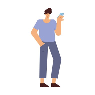 Akıllı telefon kullanan genç adam ayakta duran karakter