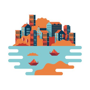 Deniz manzarasında binalar ve yelkenliler asgari şehir manzarası