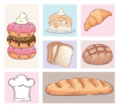 bundle of seven bakery shop set icons