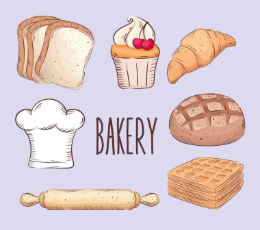 bakery shop lettering with seven set icons