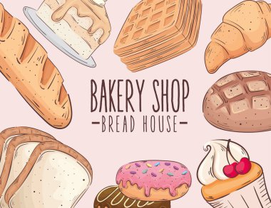 bakery shop lettering with pastry products around