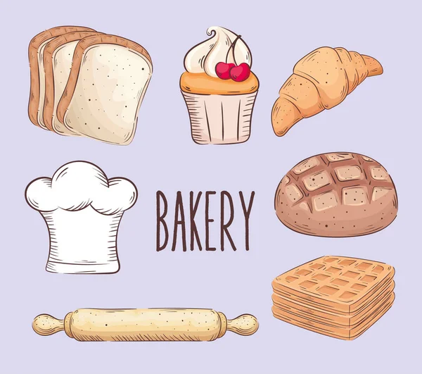 bakery shop lettering with seven set icons