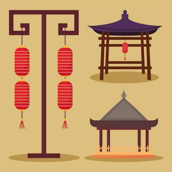 Three asian architecture icons — Stock Vector