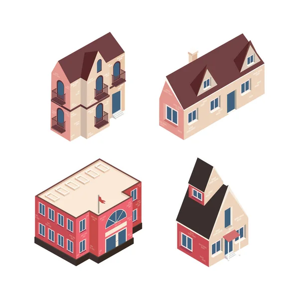 Four isometric buildings — Stock Vector