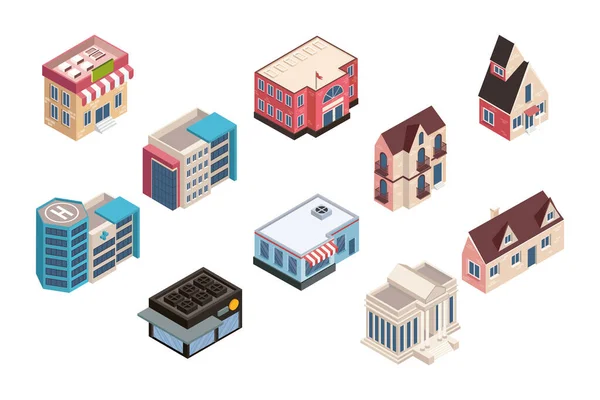 Ten isometric buildings — Stock Vector