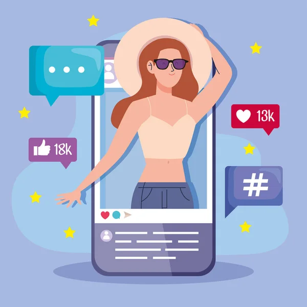 Mujer influencer en smartphone — Vector de stock