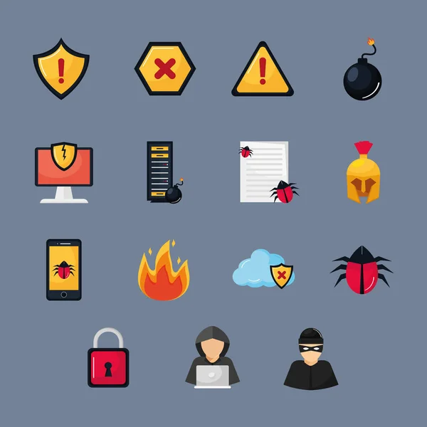 Quinze ícones de segurança cibernética —  Vetores de Stock