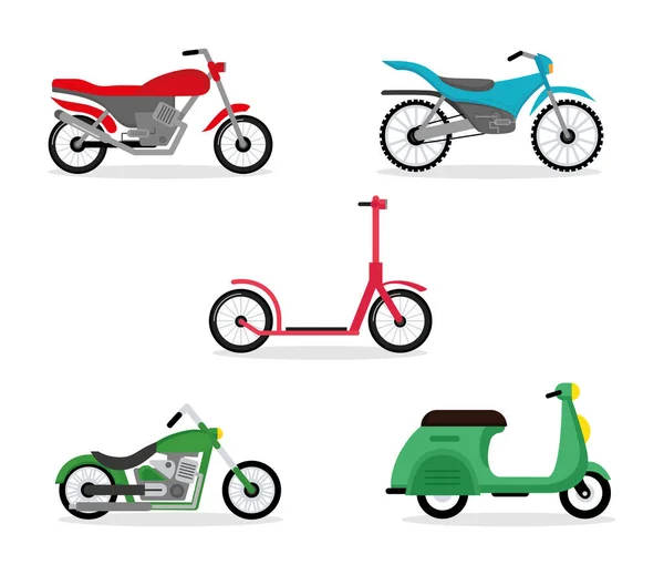 Bikes five with motorcycles vehicles — Stock Vector