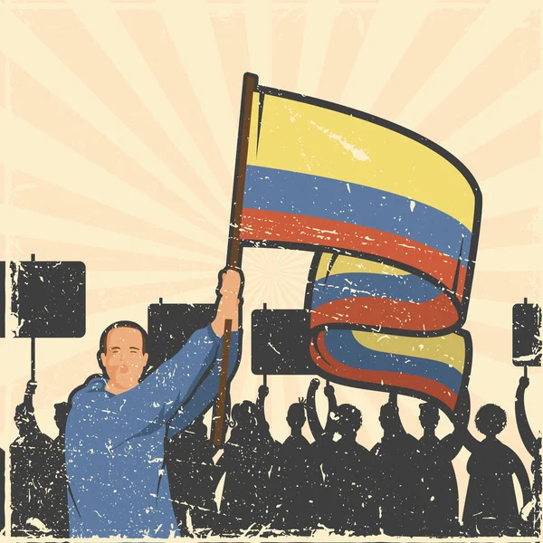 Kolumbijczycy protestujący z flagą — Wektor stockowy